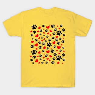 Random Dog Paw Prints And Red Hearts T-Shirt